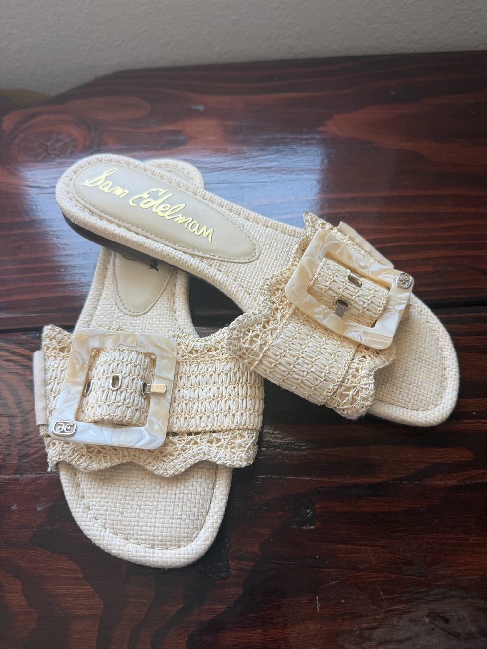 Sam Edelman Bambi Beige Linen Raffia Slide Sandals with Buckle Size 8.5 - Picture 2 of 8